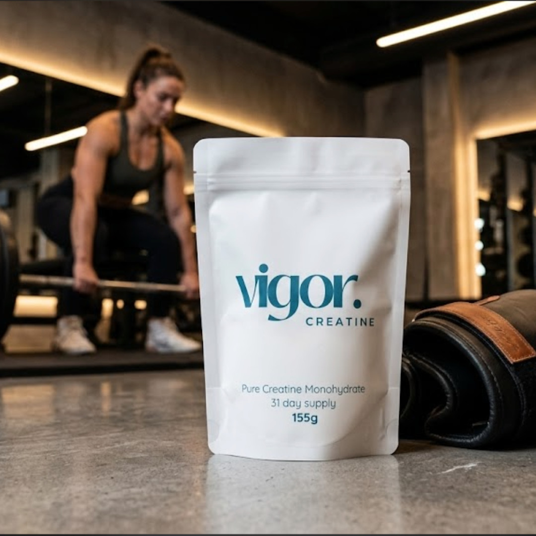 Pure Vigor Creatine Supplement in the Gym and a woman exercising 