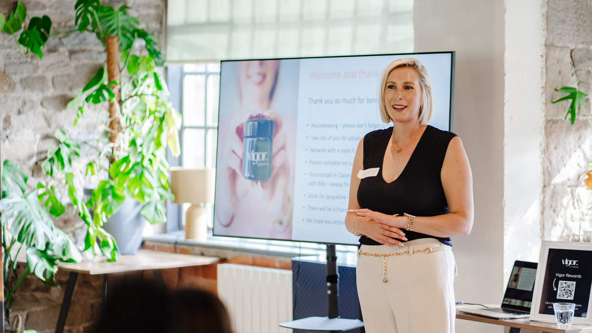 Rachel Beck Vigor Vitamins Founder speaking at Collagen Launch Event - meet our founder, female owner, female start up, woman-owned business