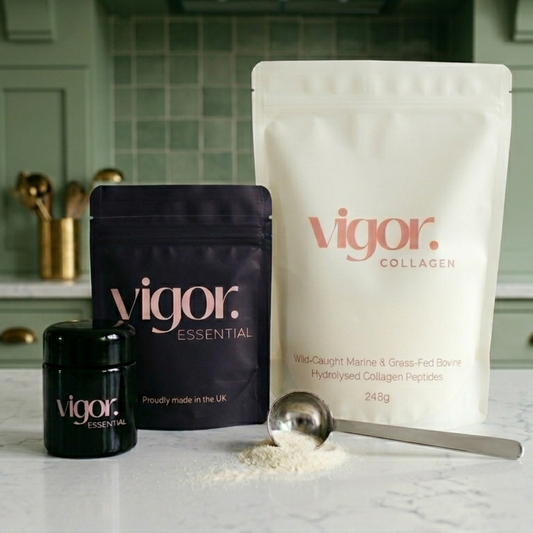 The Vigor Duo - Essential and Collagen with Biophotonic Glass Bottle and Scoop