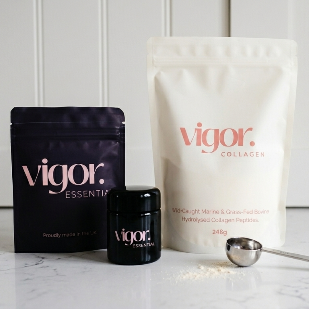 The Vigor Duo - Essential and Collagen with Biophotonic Glass Bottle and Scoop for midlife women, perimenopause, menopause, hormone health