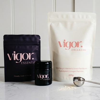 The Vigor Duo - Essential and Collagen with Biophotonic Glass Bottle and Scoop for midlife women, perimenopause, menopause, hormone health