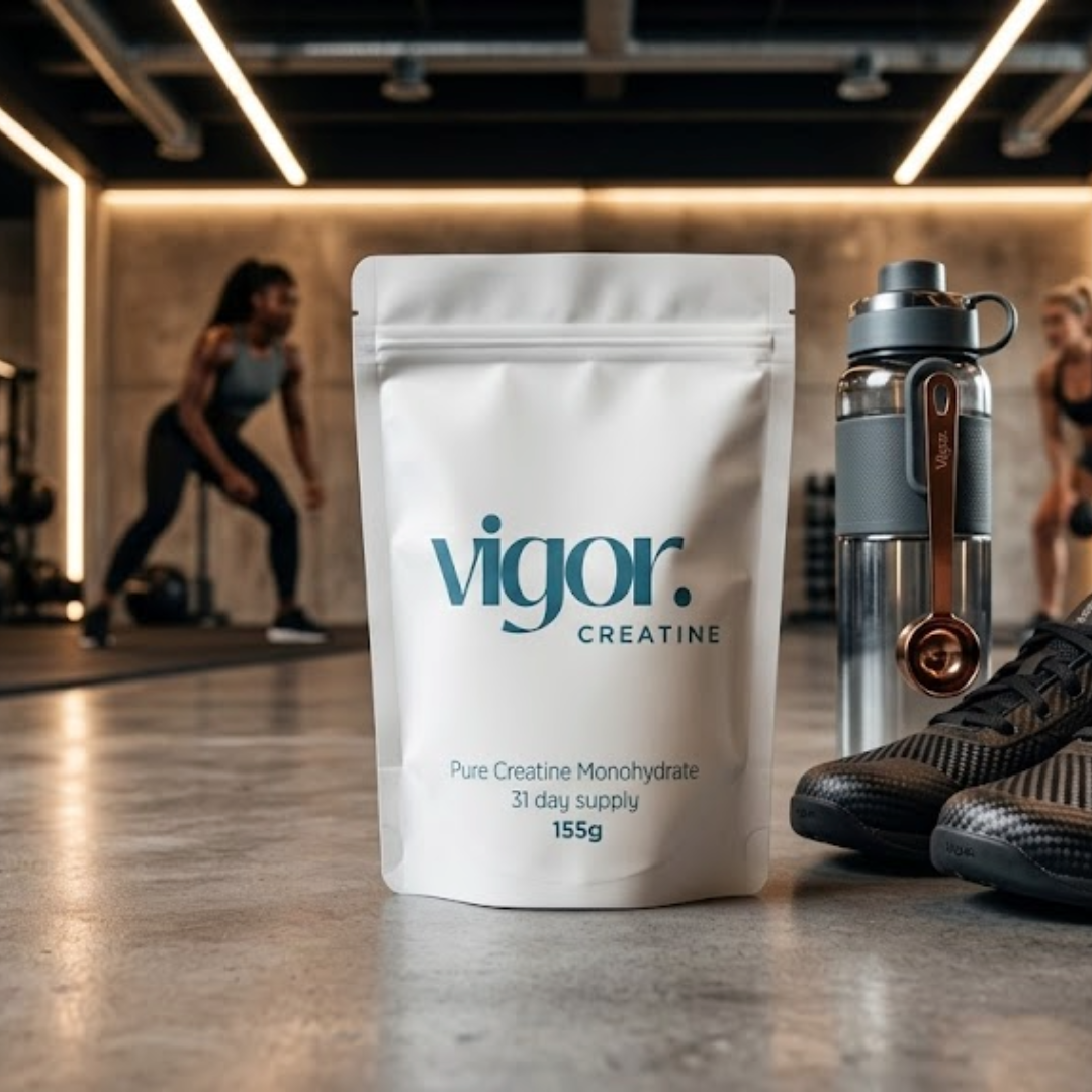 Vigor Creatine supplement package with a water bottle and sneakers on a gym floor.