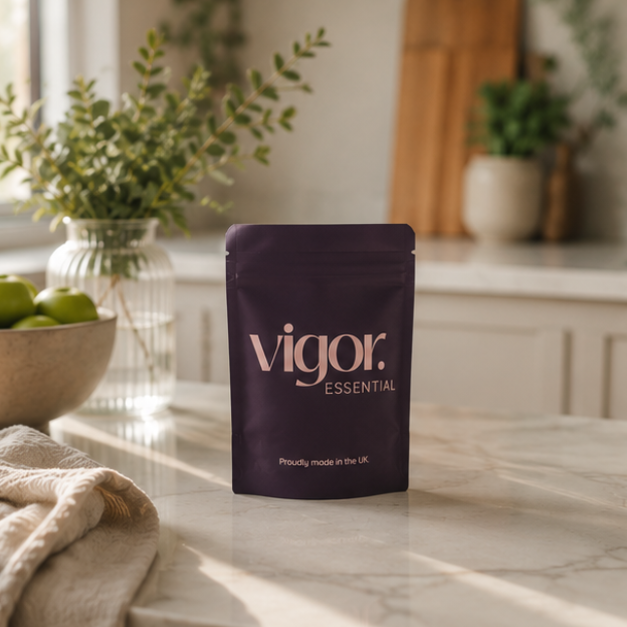 Vigor Essential package on a kitchen counter with plants and a bowl of apples in the background
